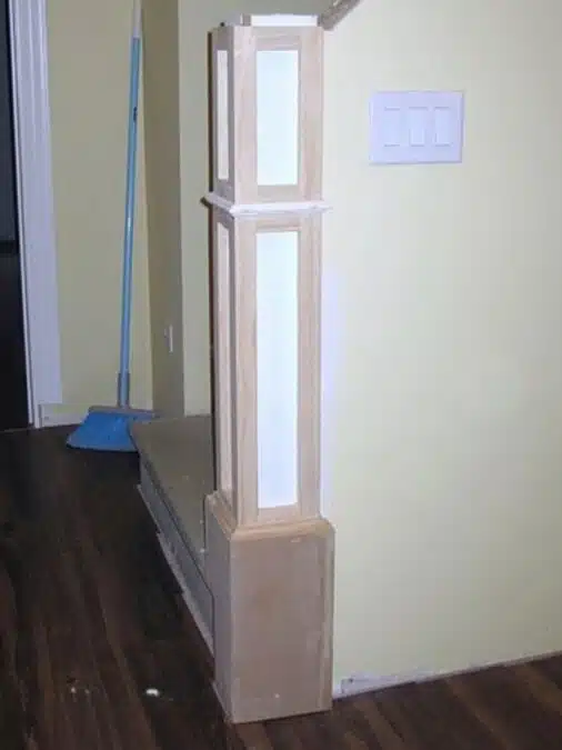 How to Build a Newel Post: DIY Stair Detail 2 In-progress DIY newel post showing 1x2 trim detail and raw MDF construction