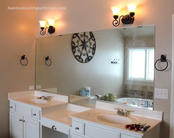 How We Framed Our Large Bathroom Mirror (WITHOUT GLUE!)