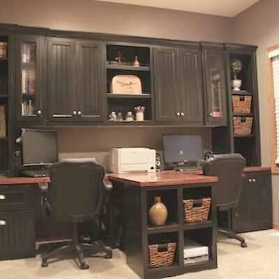 DIY Office with T- shaped Countertop and Built-in Cabinets