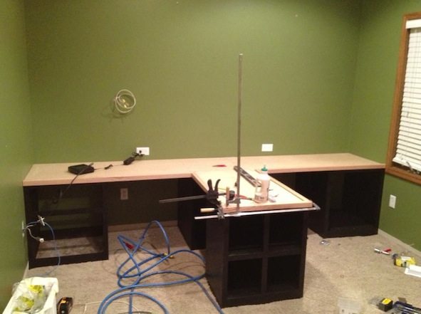 DIY Office with T-shaped countertop and Built-in cabinets