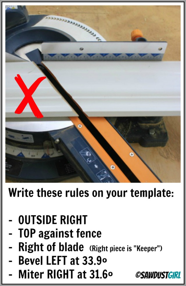 How to set up your miter saw to cut an OUTSIDE RIGHT corner on crown molding.