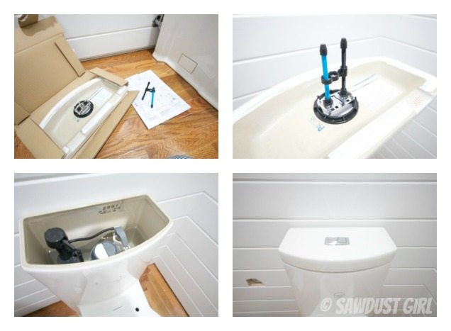 Installing a one piece, skirted toilet.