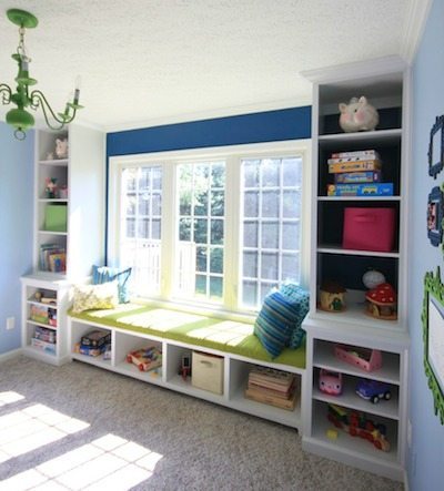 Built in bookshelves with deals bench seat