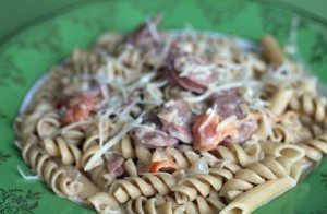 fusilli with chorizo, tomato cream sauce