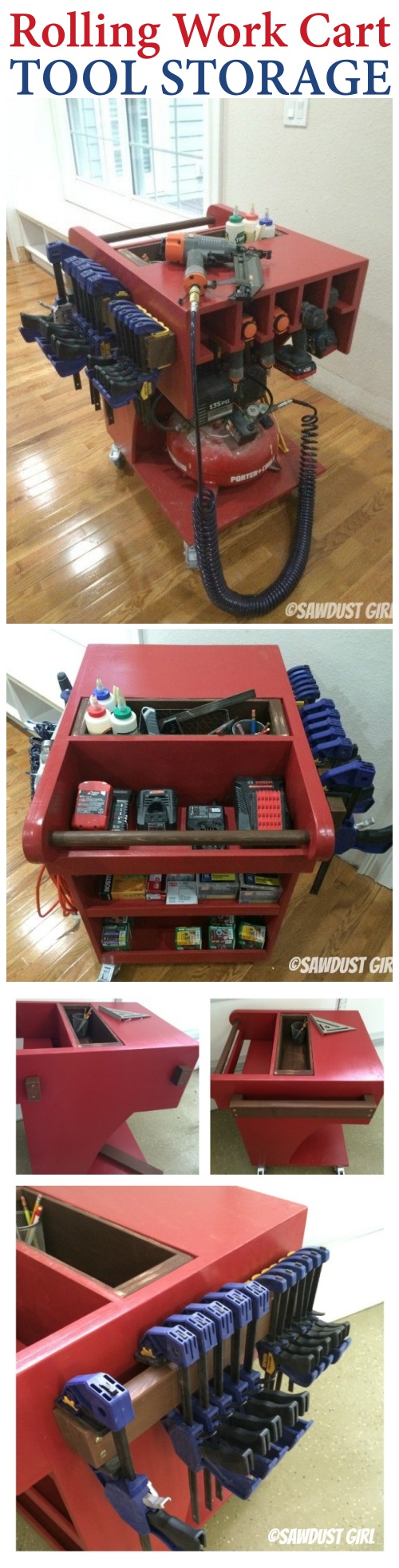 Rolling tool cart with TONS of storage. Free woodworking plans!