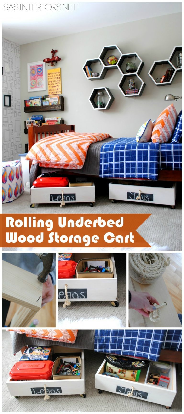 Rolling Under bed Wood Storage Cart