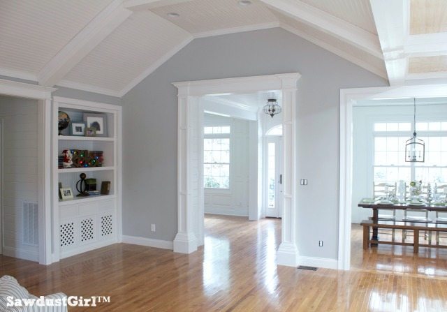 Living room with box-beam ceiling.