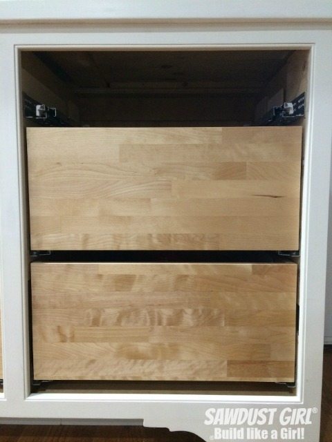 Kitchen cabinet drawers with Blum Tandem plus Blumotion drawer slides.