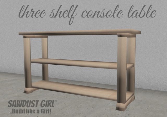 Three shelf console table - free and easy project plans from https://sawdustgirl.com.