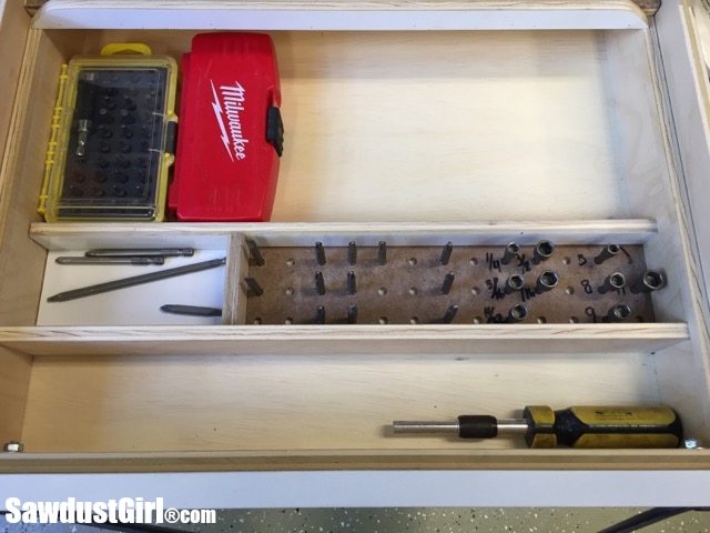 Drawer storage and organizer for driver bits.