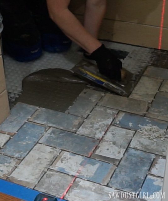 How to install herringbone brick tile flush with hardwood floor