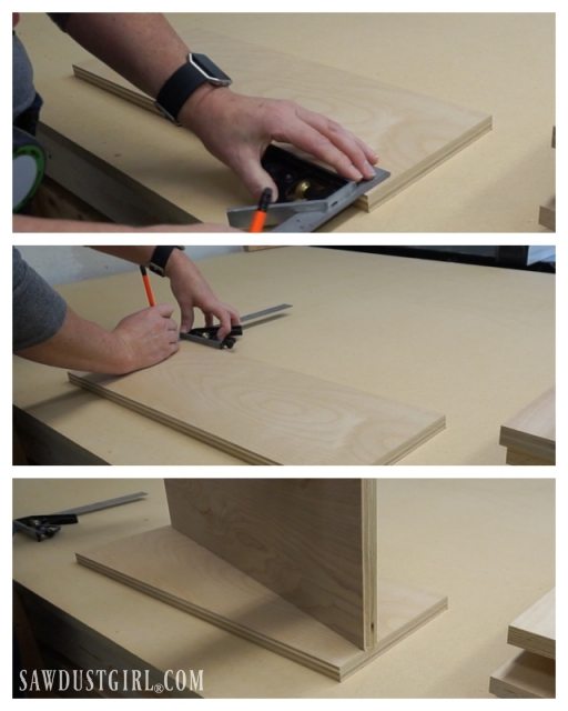 measuring and marking to create two equal, angled shelving bracket sides out of one piece of plywood