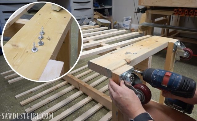 installing casters on a mobile cabinet door drying rack