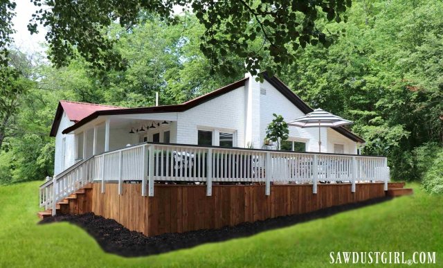 Calderwood Cottage, white brick house, large wood deck