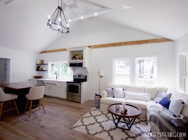 vaulted ceiling kitchen and living room