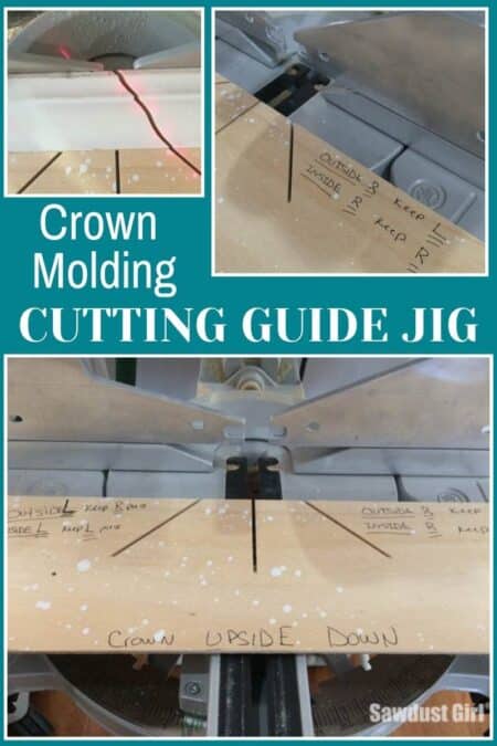 collage of wood on miter saw with a cutting jig