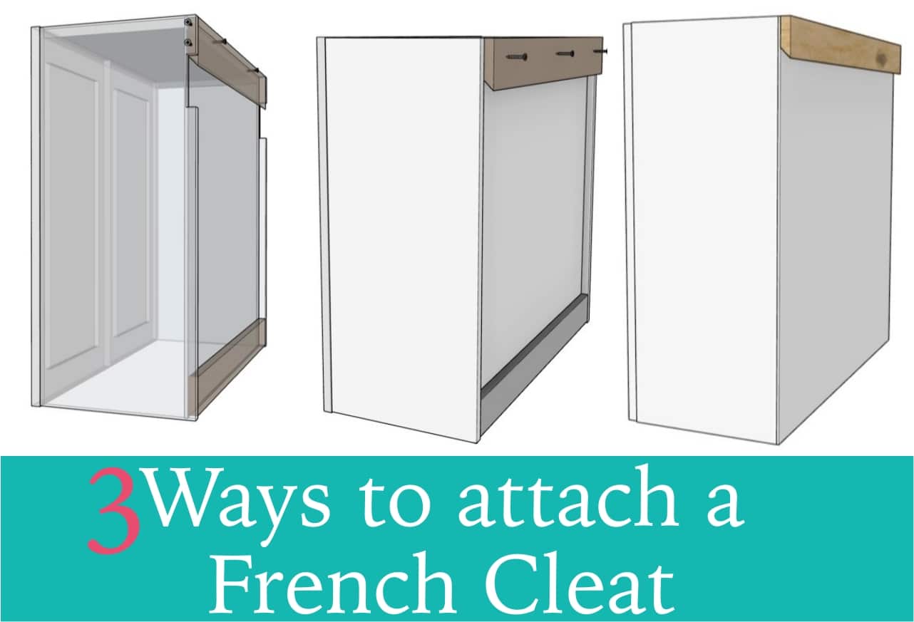 collage showing three ways to install a french cleat to a cabinet