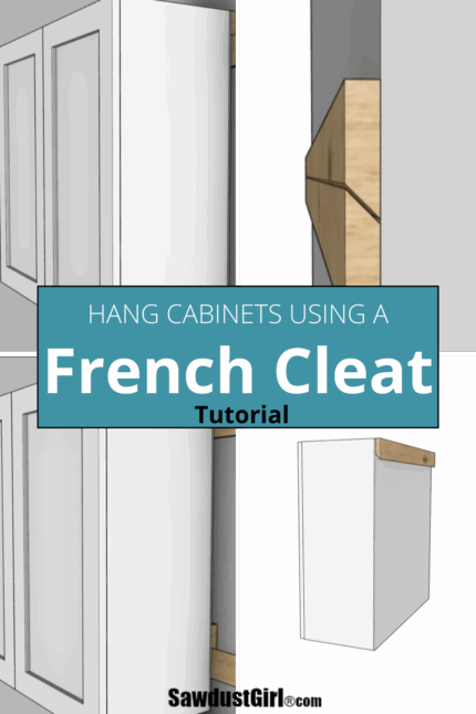 collage of instructive photos showing how to hang a cabinet using a french cleat
