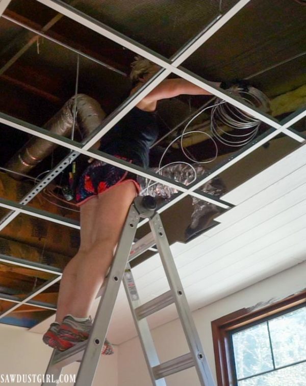 Installing WoodHaven Planks And Hiding Drop Ceiling Grid! | Sawdust Girl