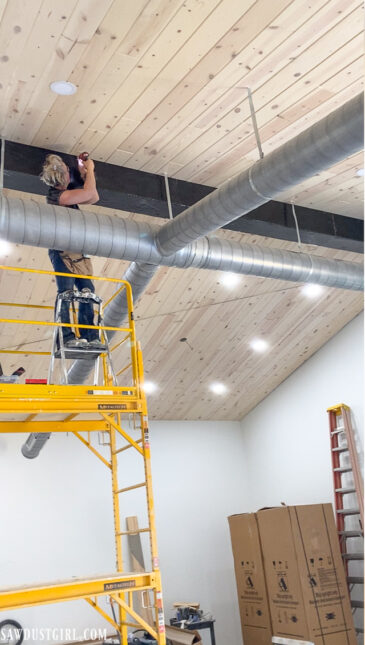 installing a large faux beam on ceiling