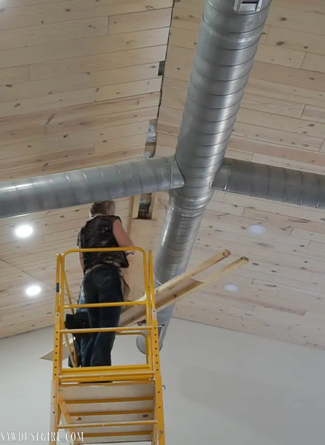 Building and Installing a Giant Faux Beam on the Ceiling installing nailer to attach wood beam