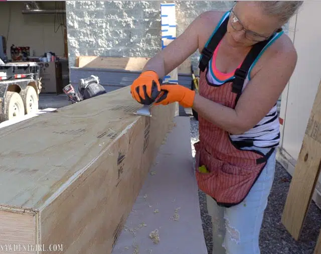 scraping corners of faux beam